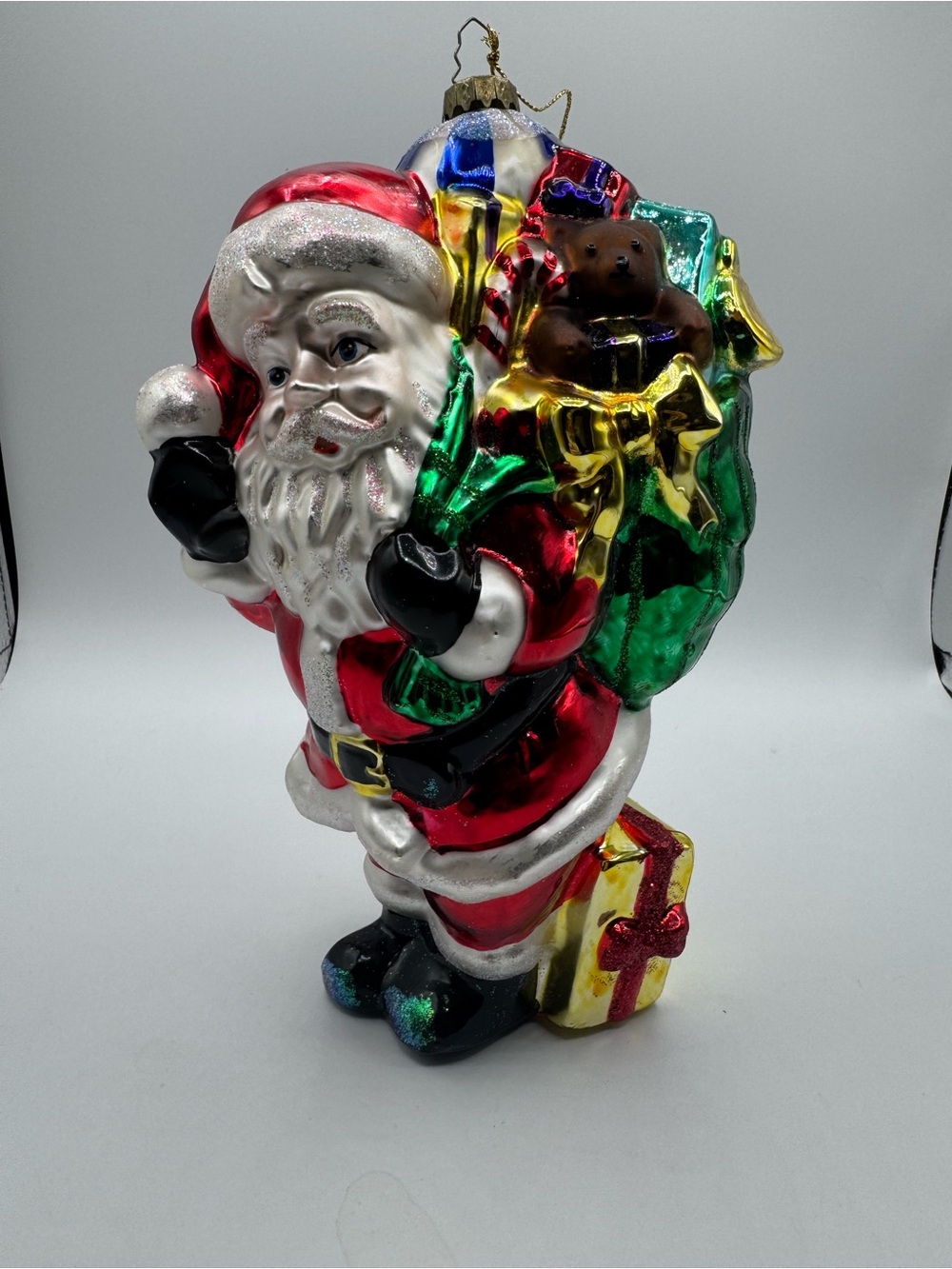 BK 1998 Tall Blown Glass Santa Ornament with Sack of Gifts Lumiere